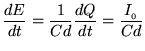 ${\displaystyle {dE \over dt} =
{1 \over C d}{dQ \over dt} = {I_{_0} \over C d} }$